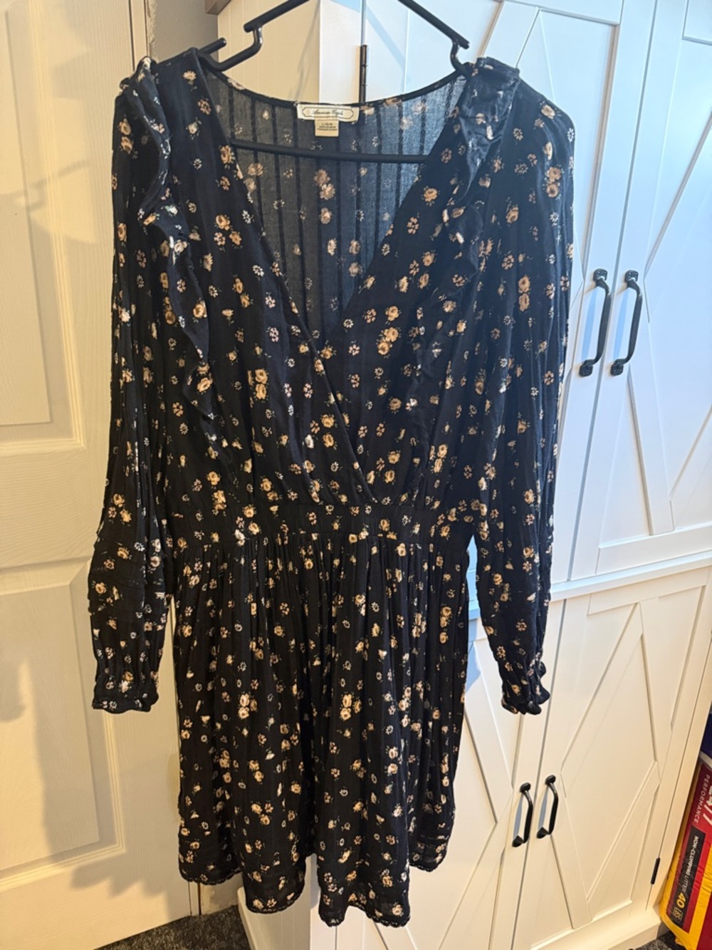American Eagle Outfitters Black Long-Sleeve Floral Wrap Dress